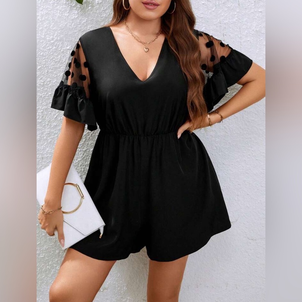 SHEIN Plus Contrast Mesh Flounce Sleeve Romper - Black - Size 1XL